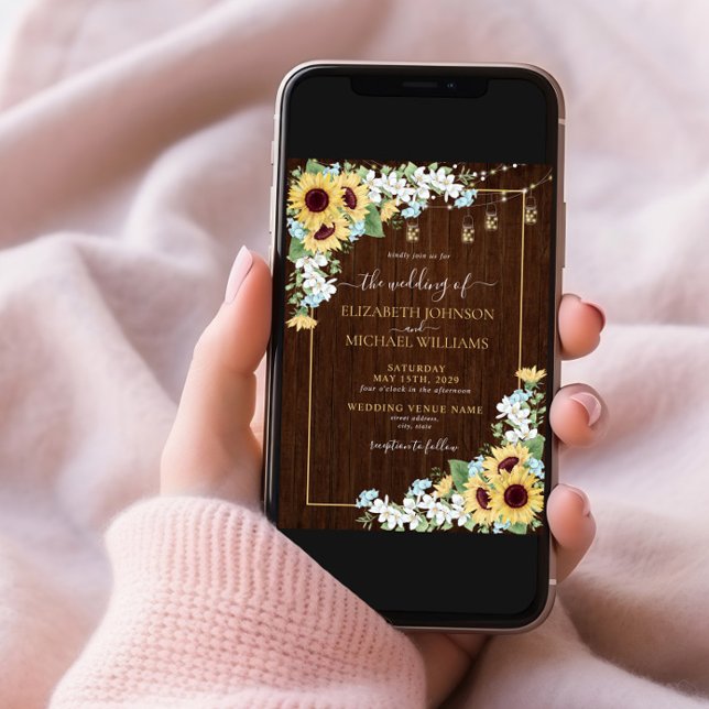 Convite Casamento de Foto Azul Rústico de Madeira Sunflowe (Criador carregado)