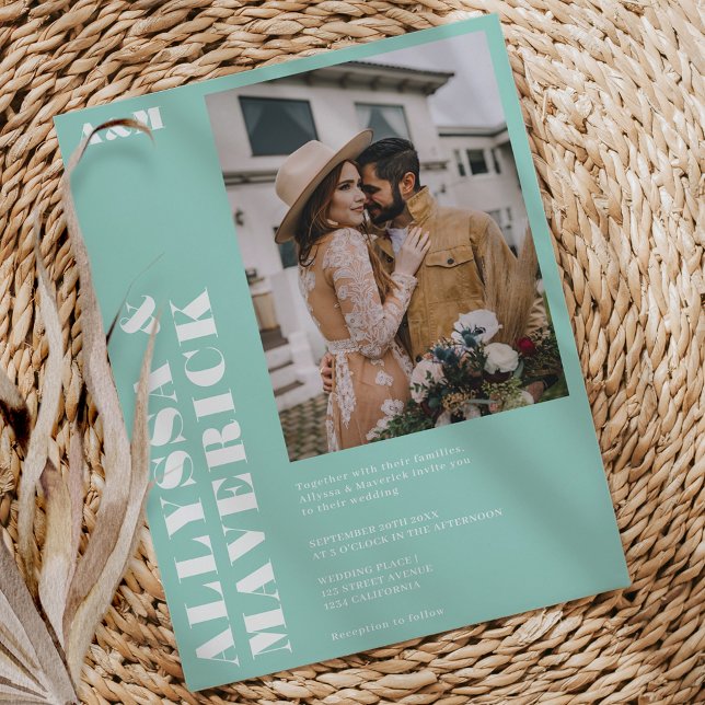 Convite Casamento de foto azul-turquesa simples e elegante (Elegant Bold simple turquoise blue photo wedding Invitation)