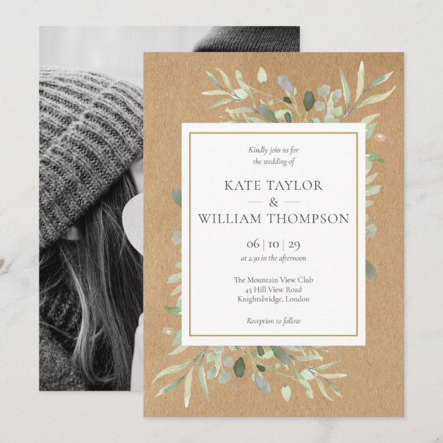 Convite Casamento de Foto Boho Rústico com Verdor (Frente/Verso)