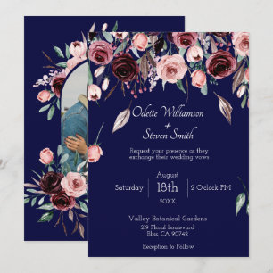 Convite Casamento de Foto Botânica Azul Marinho e Borgonha