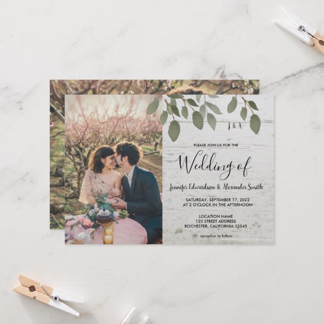 Convite Casamento de foto botânica monogramada em madeira  (Frente/Verso In Situ)