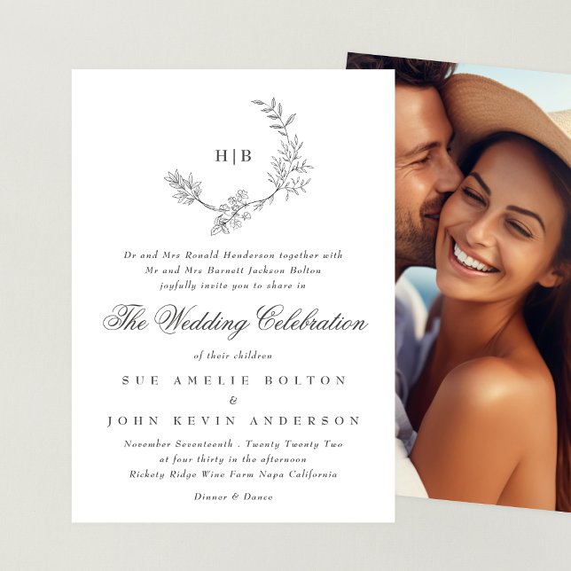 Convite Casamento de Foto Clássico Floral Wreath Monograma (Criador carregado)