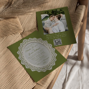 Convite Casamento de Foto Código QR em Verde Oliva Vintage