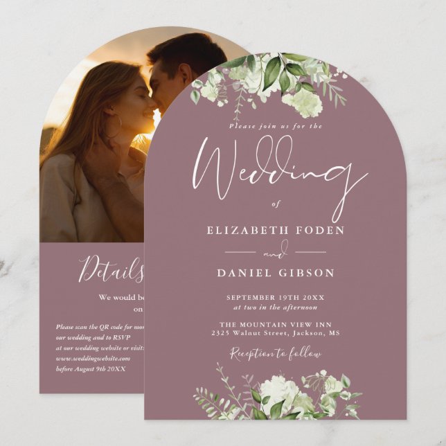 Convite Casamento de Foto Código QR Greenery Rosa Chic Arc (Frente/Verso)