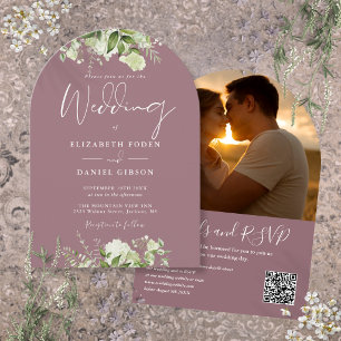 Convite Casamento de Foto Código QR Greenery Rosa Chic Arc