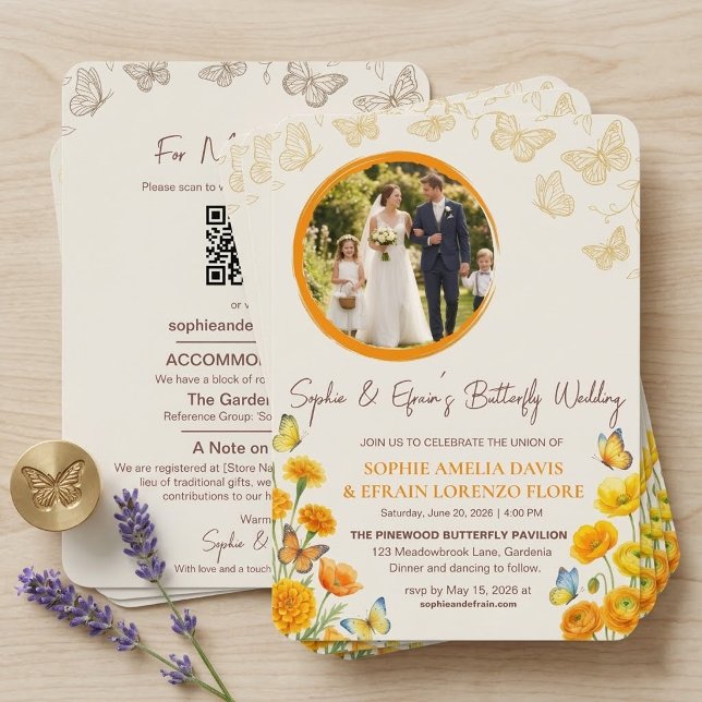 Convite Casamento de Foto com Borboleta Dourada e Flor Sil (Criador carregado)