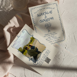 Convite Casamento de Foto com Código QR Azul de Marinho De
