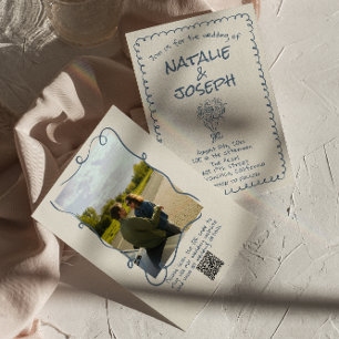 Convite Casamento de Foto com Código QR Azul de Marinho De
