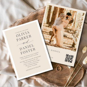 Convite Casamento de Foto com Código QR de Beige Neutro Mi