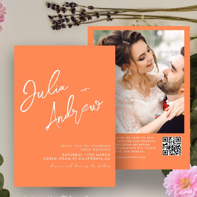 Convite Casamento de Foto com Código QR de Caligrafia Míni (Criador carregado)