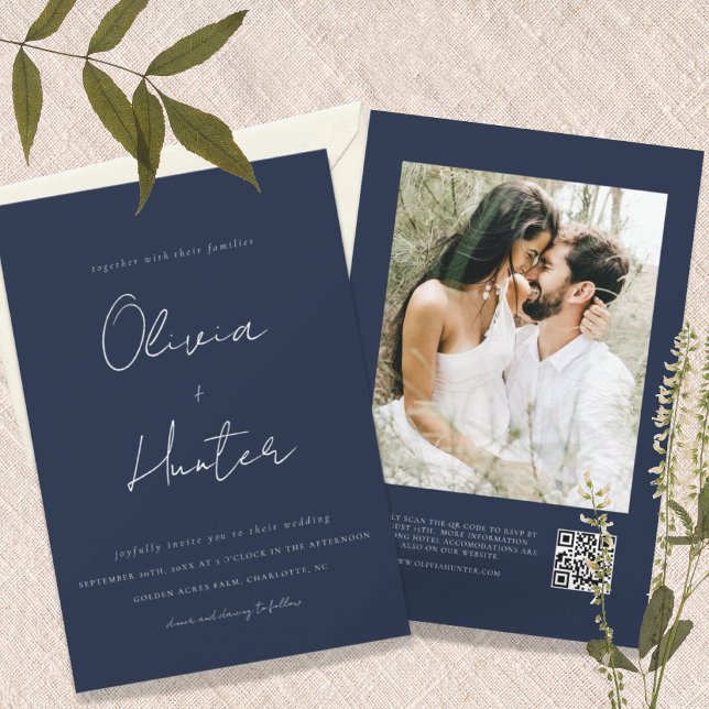 Convite Casamento de Foto com Código QR de Marinho Minimal (Criador carregado)