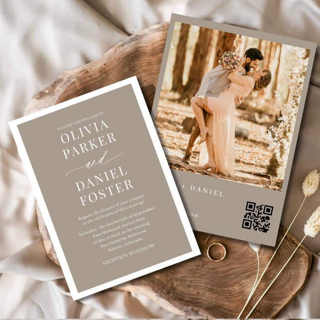 Convite Casamento de Foto com Código QR de Taupe Boho Mini (Criador carregado)