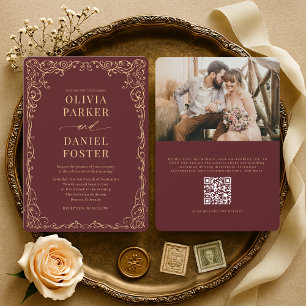 Convite Casamento de Foto com Código QR Elegante em Burgun