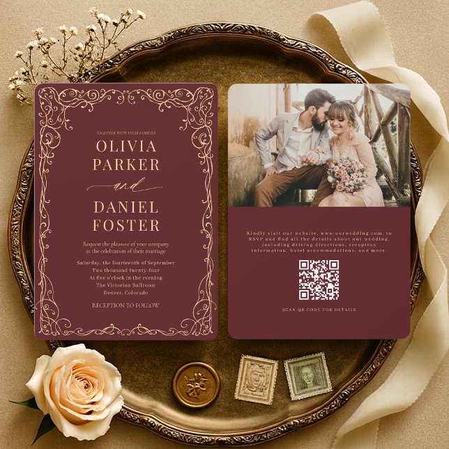 Convite Casamento de Foto com Código QR Elegante em Burgun (Criador carregado)