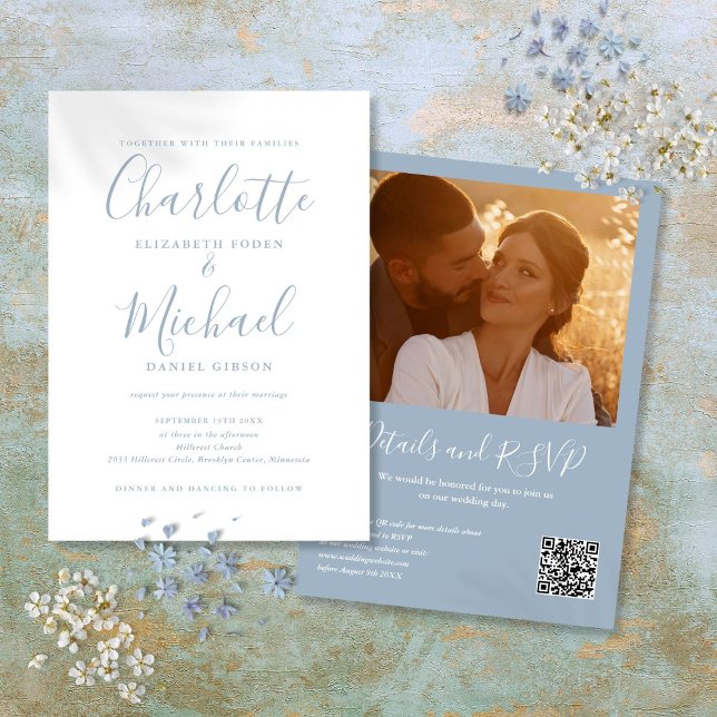 Convite Casamento de Foto com Código QR em Azul Desbotado  (Dusty Blue Elegant Script QR Code Photo Wedding Invitation)