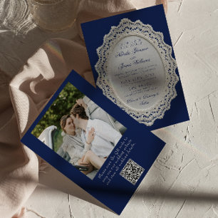 Convite Casamento de Foto com Código QR em Azul Marinho Vi