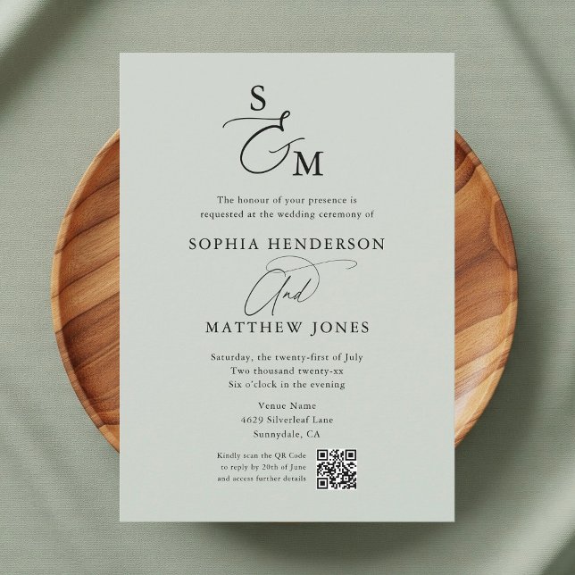 Convite Casamento de Foto com Código QR em Verde Salvia Mo (Criador carregado)