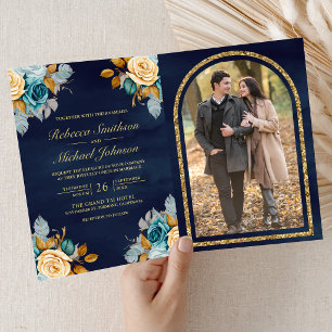 Convite Casamento de Foto com Código QR Floral Creme Azul