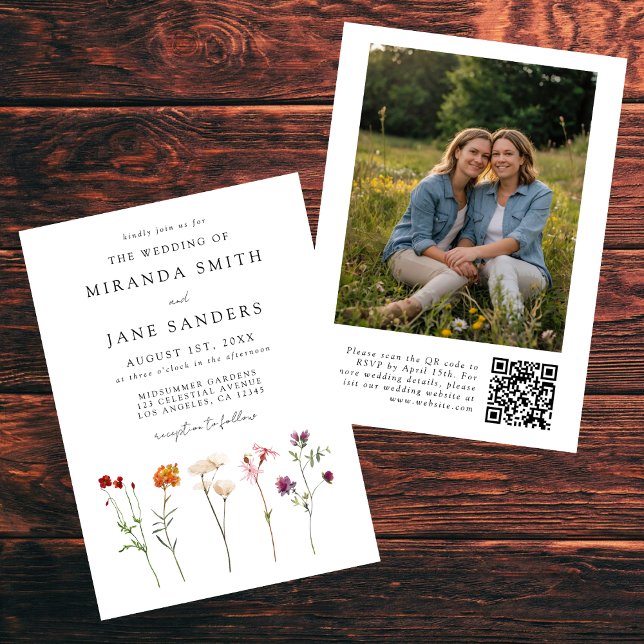 Convite Casamento de Foto com Código QR Floral Lésbica (Criador carregado)