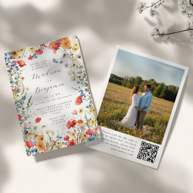 Convite Casamento de Foto com Código QR Floral Ousado (Criador carregado)