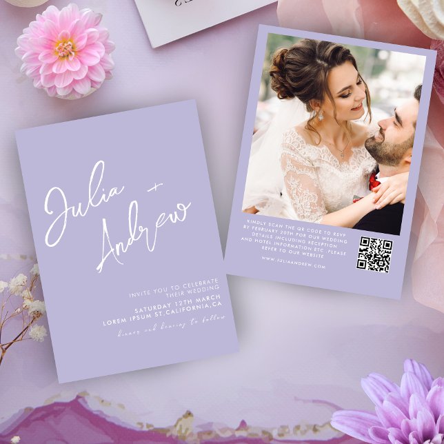 Convite Casamento de Foto com Código QR lavanda de script  (Criador carregado)
