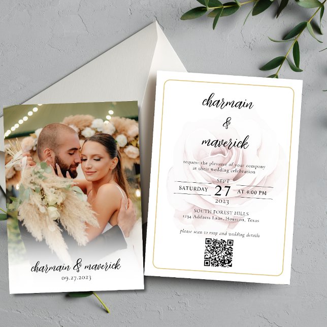 Convite Casamento de Foto com Código QR Rosa Rosa Mínimo S (Criador carregado)