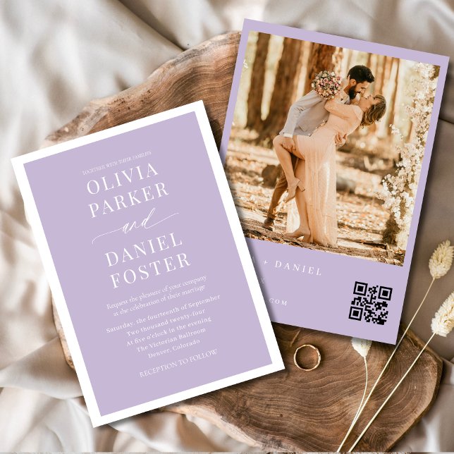 Convite Casamento de Foto com Código QR Roxo de Lavanda Mi (Criador carregado)