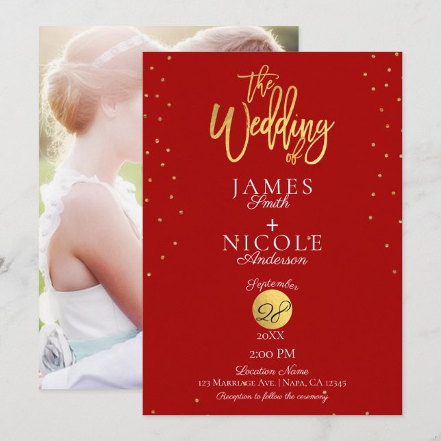 Convite Casamento de Foto com Folha Dourada e Vermelho Min (Frente/Verso)