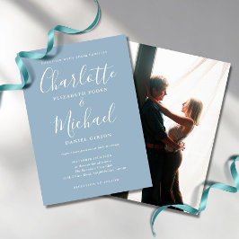 Convite Casamento de Foto com Letra de Assinatura Azul Emp