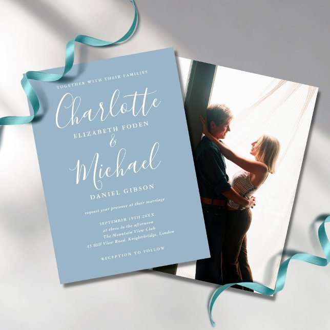 Convite Casamento de Foto com Letra de Assinatura Azul Emp (Criador carregado)