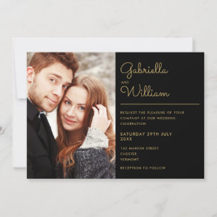 Convite Casamento de Foto com Letra Dourada e Preta Modern