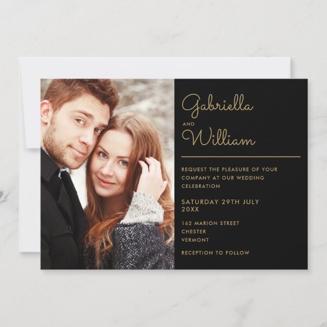 Convite Casamento de Foto com Letra Dourada e Preta Modern (Frente)