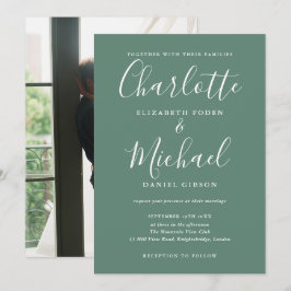 Convite Casamento de Foto com Letra Moderna em Verde Eucal