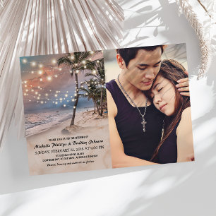Convite Casamento de Foto com Luzes Tropicais de Praia Vin