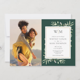 Convite Casamento de Foto com Monograma Esmeralda e Verdur