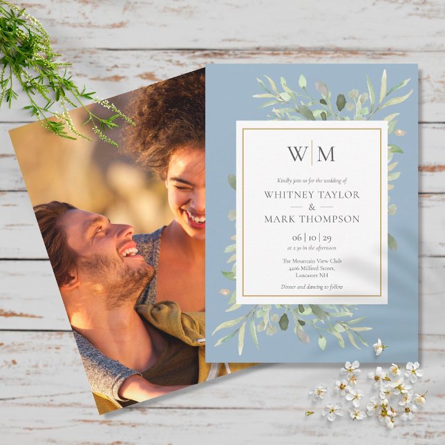 Convite Casamento de Foto com Monograma Moderno em Verde F (Criador carregado)