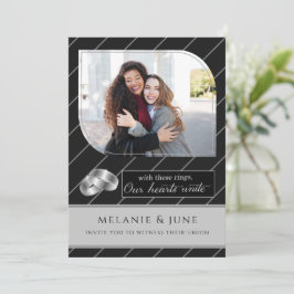 Convite Casamento de Foto com Pinstripe Preto gay e Lésbic