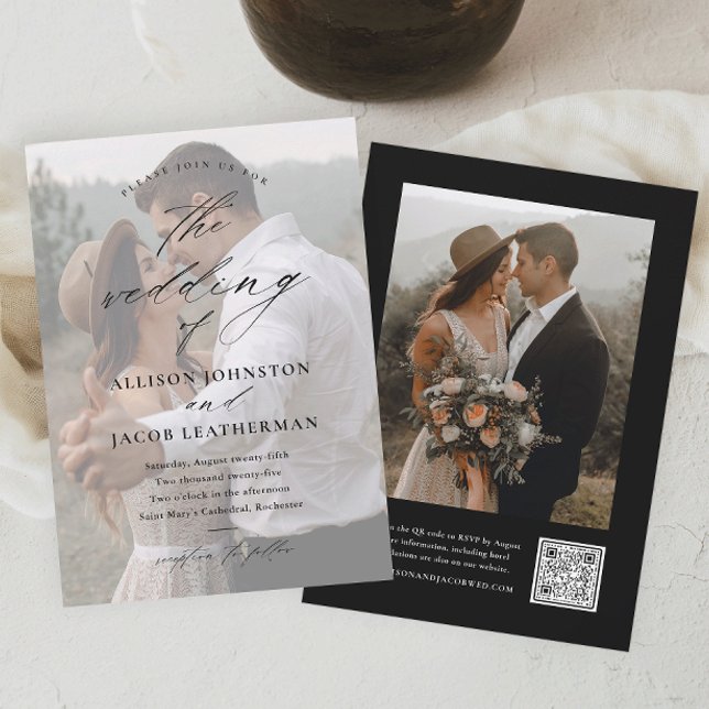 Convite Casamento de Foto com QR Code Elegante (Elegant photo wedding invitations with script typography overlay. The back has a QR Code RSVP.)