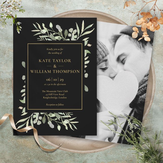 Convite Casamento de Foto com Vegetação Preta e Dourada (Black And Gold Greenery Photo Wedding Invitation)