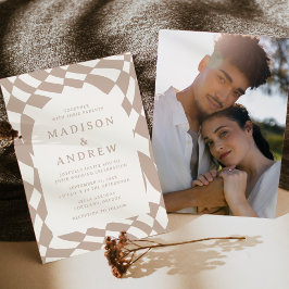 Convite Casamento de Foto com Xadrez Bege Retrô
