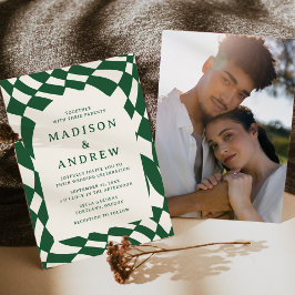 Convite Casamento de Foto com Xadrez Verde Retro