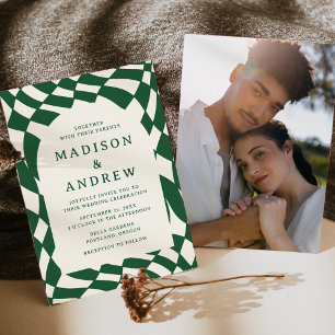 Convite Casamento de Foto com Xadrez Verde Retro