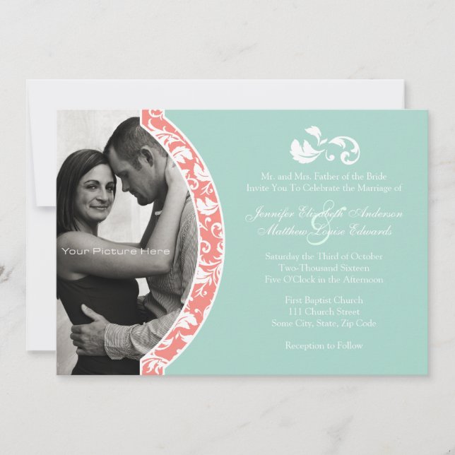 Convite Casamento de Foto Coral e Mint Damask (Frente)