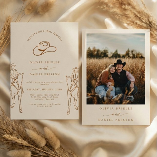 Convite Casamento de Foto Cowboy com Grama Pampas Boho Oci (Criador carregado)