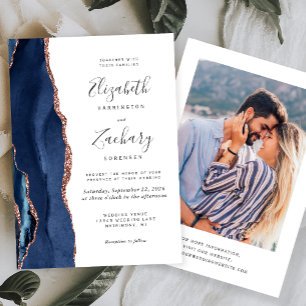 Convite Casamento de Foto de Ágata Dourada Rosa Azul Moder