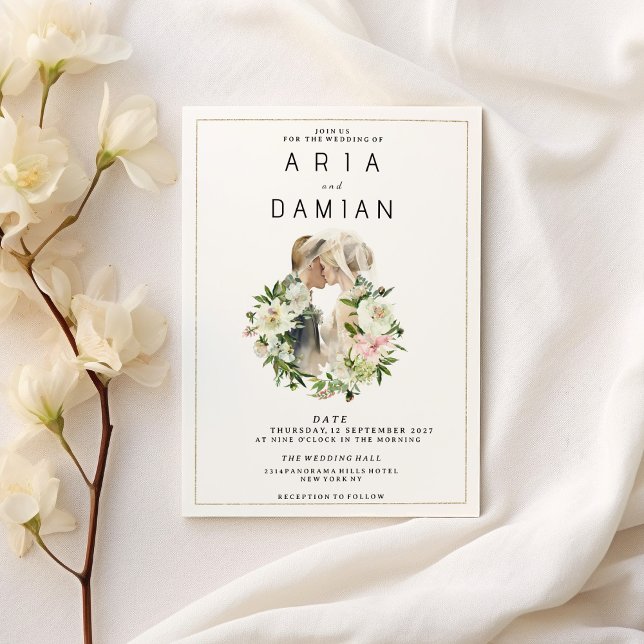 Convite Casamento de foto de casal floral branco-rosa (Mint pink white floral couple photo Wedding)