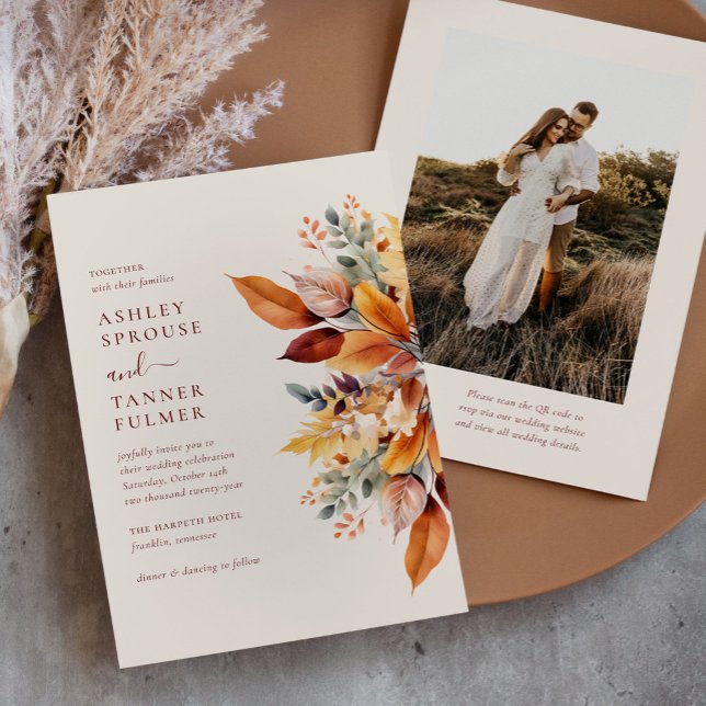 Convite Casamento de Foto de Código QR de Outono de Folhas (Criador carregado)