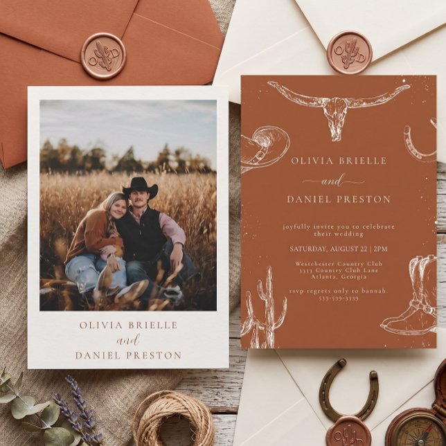 Convite Casamento de Foto de Cowboy Western Terracota Rúst (Criador carregado)