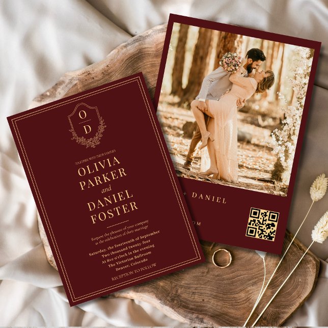 Convite Casamento de Foto de Crest de Código QR Dourado Bu (Criador carregado)