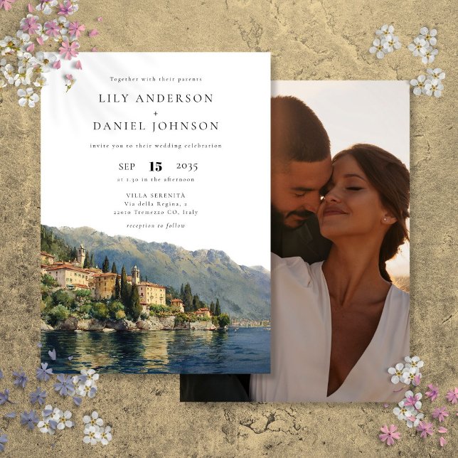 Convite Casamento de Foto de Destino Italiano Lake Como (Lake Como Italian Destination Photo Wedding Invitation)